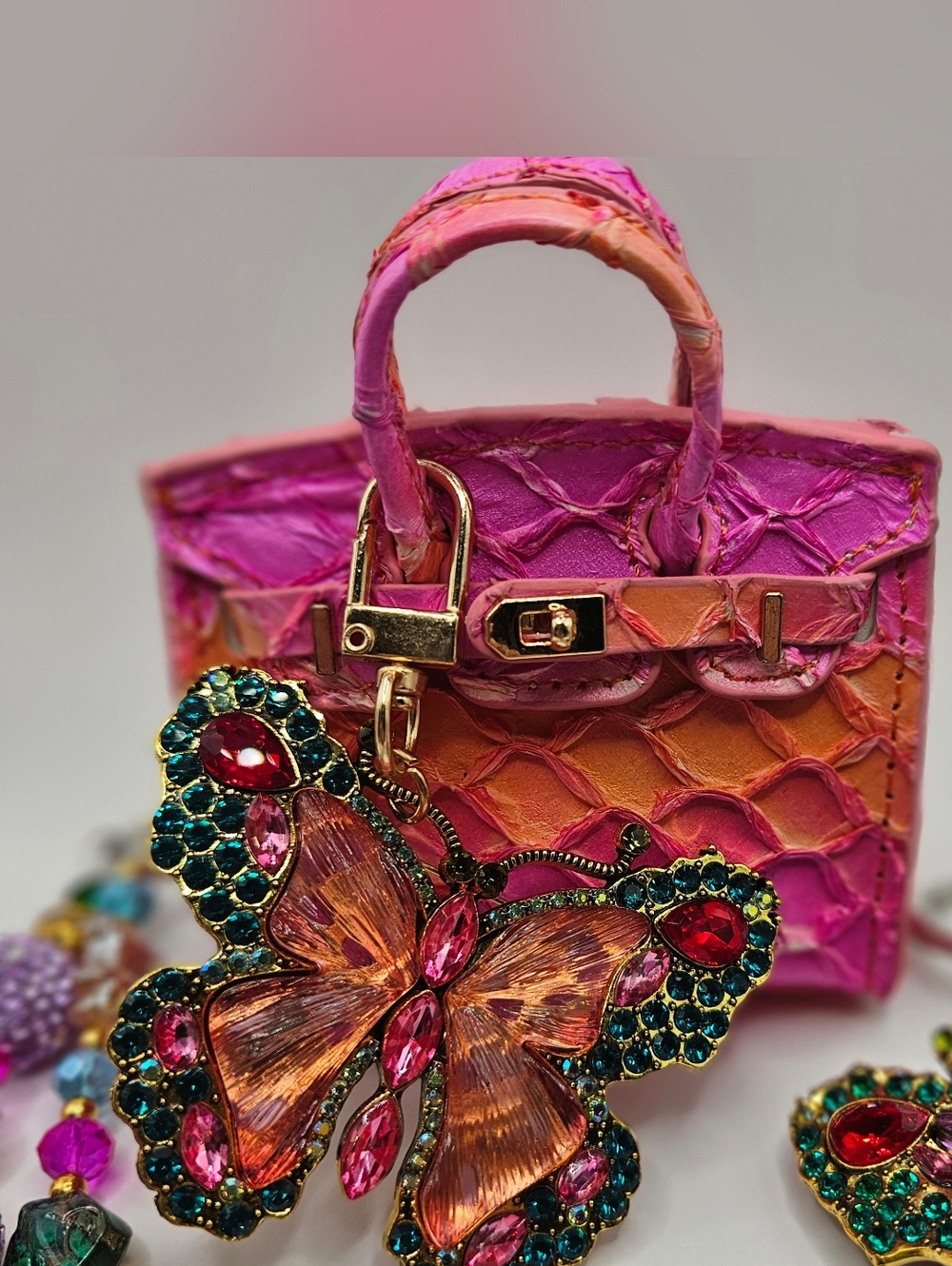 Pink & Orange Embossed Leather Butterfly Charm Mimi Bag With Bag Chain And Charm